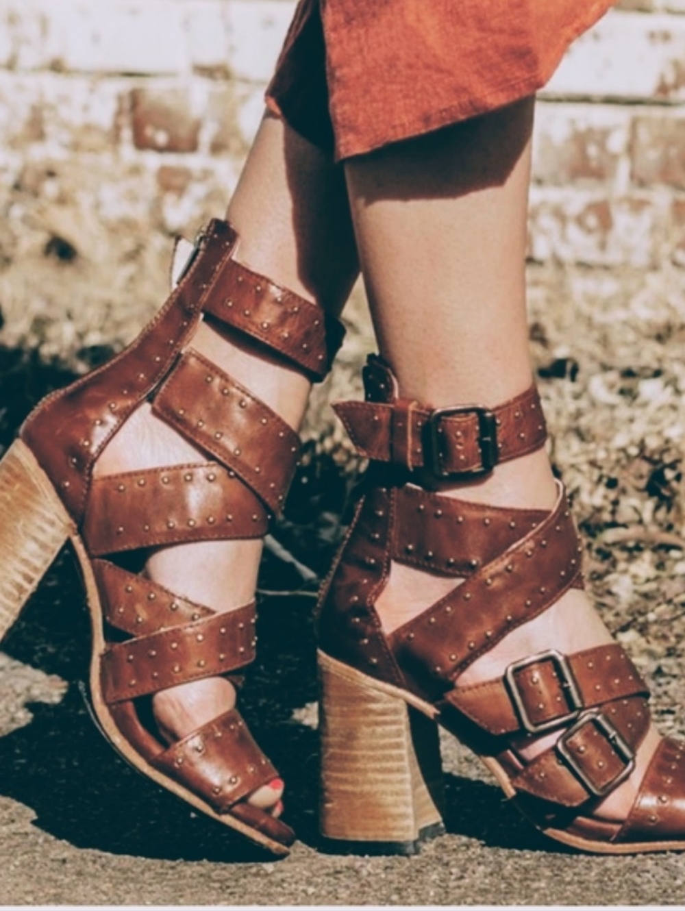 Freebird by Steven Tanica Studded Leather Gladiator Heels Cognac Size 6 S4045